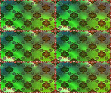 Yeşil ve kahverengi el çizimi desen. Karalama çiçekleri kusursuz desen. Sanat, esinlenerek ve kahverengiye benzer çiçekler bırakır. Raster deseni.