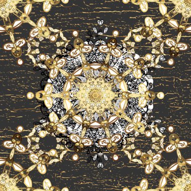 Seamless pattern on brown and white colors with golden elements. Classic vintage background. Traditional orient ornament. Seamless classic raster golden pattern.