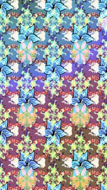 Tarafsız ve mavi renkte etnik çiçeklerle süslenmiş zarif bir eskiz şekli. Asya Tekstil 'inde Raster Çiçek İllüstrasyonu.