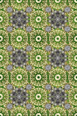 Yeşil, gri ve bej renklerde altın elementlerle kusursuz desen. Kusursuz klasik raster altın desenli. Geleneksel oryantasyon süsü. Klasik vintage arkaplan.