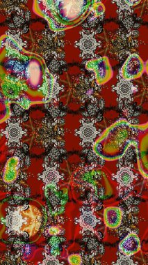 Renkli Bahar Teması eskiz kalıbı. Raster illüstrasyonu. Asya tekstil tarzında. Çiçek desenli çizim. Çiçekler kırmızı, kahverengi ve gri renklerde. Düz Çiçek Elementleri Tasarımı.