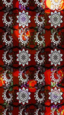 Çok renkli ve siyah küçük çiçekler ve kırmızı ve siyah renkli komik böcekler, raster desen, illüstrasyon.