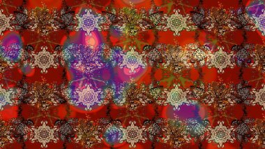 Tekstil tasarımı için kırmızı ve kahverengi renkli geleneksel halk çiçekleri buketi. Üzerinde gelincikler ve vadi zambakları olan renkli çiçek desenli nakış..