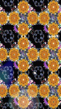 Tekstil için suluboya eskiz deseni. Şirin çiçekli, desenli, siyah renkli renkli bir eskiz. El çizimi çiçek çizimi deseni (fayans)).