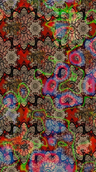 Çiçekli ipek eşarp. El çizimi çiçek unsurları olan soyut çizim raster deseni. 1950-1960 motifleri. Kahverengi üzerine kahverengi. Retro tekstil tasarım koleksiyonu.