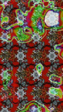 Raster Çiçek İllüstrasyonu 'nun şirin tekstili. Kırmızı, kahverengi ve yeşil renkli etnik çiçeklerle zarif bir eskiz deseni..