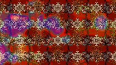 Çiçek desenli çizim. Raster illüstrasyonu. Kahverengi ve kırmızı renkte çiçekler. Asya tekstil tarzında. Raster illüstrasyonu.