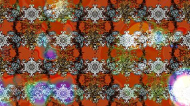 El çizimi çiçekli soyut çizim kalıbı. Raster illüstrasyonu. Kahverengi ve turuncu renkte çiçekler.