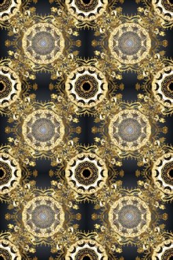 Süslü raster dekorasyonu. Kahverengi, bej ve gri renklerde altın element. Lüks, kraliyet ve Viktorya dönemi konsepti. Kahverengi, bej ve gri üzerine altın rengi klasik barok çiçekli desenler..