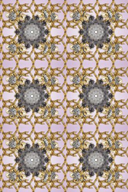 Tarafsız, gri ve bej renklerde altın elementlerle kusursuz desen. Klasik klasik klasik arka plan. Geleneksel oryantasyon süsü. Raster illüstrasyonu. Kusursuz klasik raster altın desenli.