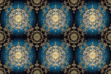 Hassas altın deseni açın. Kusursuz altın desenli bukleler. Raster. Doğu tarzı arabesk. Mavi üzerinde kusursuz desen, altın elementli siyah renk. Parlak dantel, stilize çiçekler, şal desenli