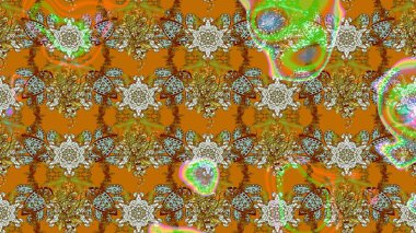 Floral sketch pattern with watercolor hand drawn elements. Bright colorful fantasy flowers, leaves, buds on brown and orange colors with brown and orange.