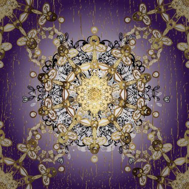 Klasik klasik klasik arka plan. Klasik raster sarısı, kusursuz desen. Geleneksel oryantasyon süsü. Tarafsız ve mor renklerde altın elementlerle kusursuz desen.