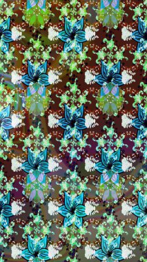 Raster Floral Illustration, Asyalı tekstil. Kahverengi renkli etnik çiçeklerle zarif bir eskiz deseni..