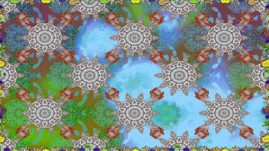 Düz Çiçek Elementleri Tasarımı. Raster illüstrasyonu. Güzel kumaş deseni. Karalama çiçeği. Renkli Bahar Temalı Kusursuz Arkaplan. Zentangle soyut çiçekleri.