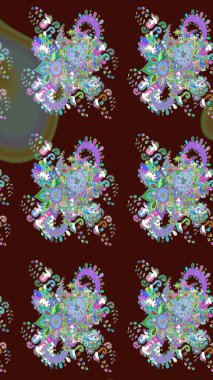 Düz Çiçek Elementleri Tasarımı. Renkli Bahar Teması eskiz kalıbı. Raster illüstrasyonundaki çiçek desenli çizim. Kahverengi renkte çiçekler.