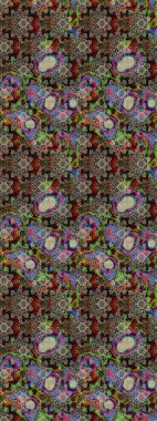 Halk tarzı. Moda baskıları için zarif bir şablon. Parlak renkli çiçekleri ve gri ve kahverengi renkte yaprakları olan harika bir çiçek deseni. Modern çiçek arkaplanı.