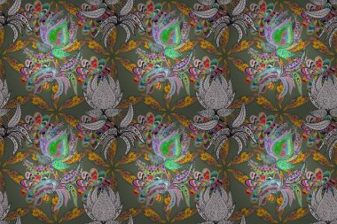 Şirin karalama çiçekleri olan kusursuz çiçek desenleri. Raster illüstrasyonu. Eskiz stili gri ve yeşil renklerde. Raster illüstrasyonu. El yapımı çiçek ve bitki koleksiyonu.