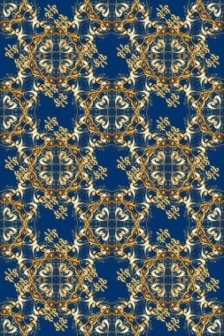 Altın elementlerle mavi, kahverengi ve sarı renklerde kusursuz desen. Kusursuz altın desen. Raster doğulu süsü.