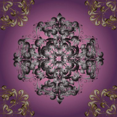 Gri ve mor renklerde altın desenli altın elementler. Lüks, kraliyet ve Viktorya dönemi konsepti. Süslü dekorasyon. Raster klasik barok çiçeksiz altın desenli..