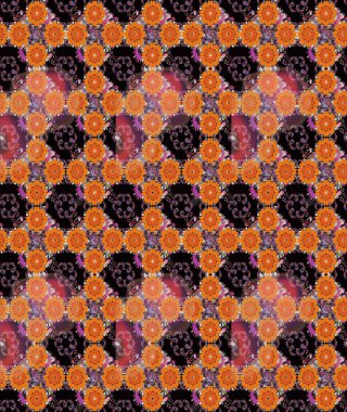 Parlak renkli fantezi çiçekleri, yapraklar, turuncu ve siyah renkli tomurcuklar, turuncu ve siyah. Çiçeksiz desenli, suluboya elle çizilmiş elementler..