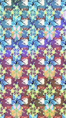 Tarafsız ve mavi renkte etnik çiçeklerle süslenmiş zarif bir eskiz şekli. Asya Tekstil 'inde Raster Çiçek İllüstrasyonu.