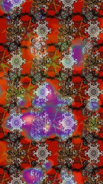 Parlak renkli çiçekleri ve kahverengi ve kırmızı renkte yaprakları olan harika bir çiçek deseni. Modern çiçek arkaplanı. Moda baskıları için zarif bir şablon. Halk stili.