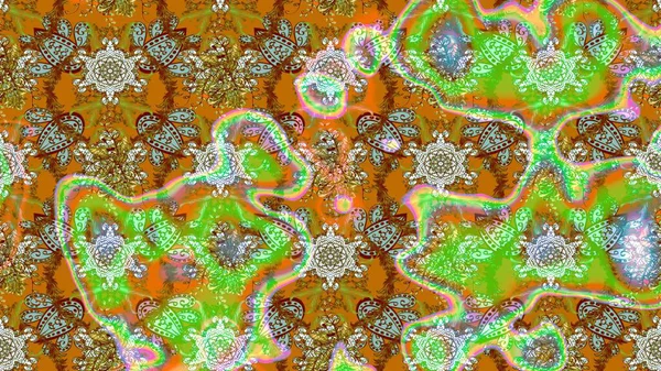 Raster Çiçek İllüstrasyonu 'nun şirin tekstili. Yeşil ve kahverengi renkli etnik çiçeklerle zarif eskiz deseni.