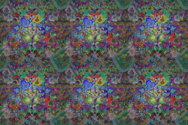 Çiçekli, suluboya desenli kusursuz çiçek deseni. Renkli Bahar Temalı Kusursuz Arkaplan. Düz Çiçek Elementleri Tasarımı. Raster illüstrasyonu. Mavi ve yeşil renkte çiçekler.