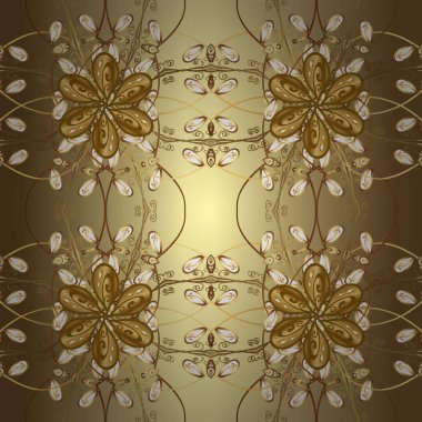 Kına dövmeli süs çiçekleri, altın çıkartmalar, mehndi ve yoga tasarımı, kartlar ve parmak izleri. Raster Golden Mehndi kusursuz desen. Kahverengi ve bej renkli desen.