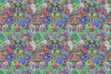 Renkli Bahar Temalı Kusursuz Arkaplan. Kusursuz desenli, modaya uygun kumaş deseni. Şirin çiçek elementleri. Düz Çiçek Elementleri Tasarımı.