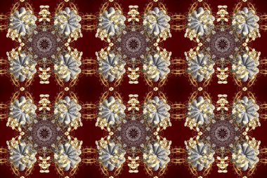 Gri, kırmızı ve kahverengi renklerde, altın elementlerle kusursuz klasik desen. Noel, kar tanesi, yeni yıl 2025.