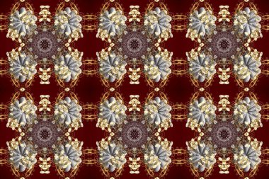 Gri, kırmızı ve kahverengi renklerde, altın elementlerle kusursuz klasik desen. Noel, kar tanesi, yeni yıl 2025.