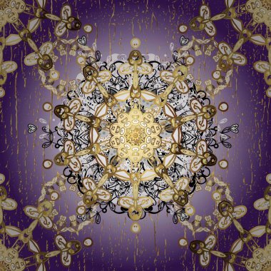 Tarafsız ve mor renklerde altın elementlerle kusursuz desen. Klasik raster sarısı, kusursuz desen. Klasik klasik klasik arka plan. Geleneksel oryantasyon süsü.