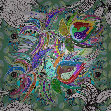 Gri ve yeşil renklerde etnik çiçeklerle kusursuz bir desen. Asya Tekstil 'inde Raster Çiçek İllüstrasyonu.