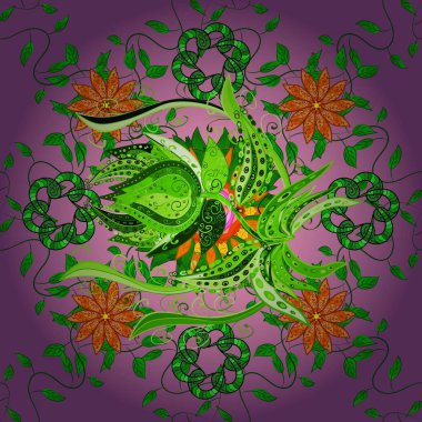 Raster düz çiçekleri pürüzsüz desen. Mor ve yeşil renkli çiçekler. Tasarım hediye paketi, tebrik kartları, posterler ve afiş tasarımı.