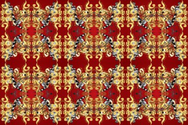 Kusursuz desenli oryantal süs. Raster altın tekstil baskısı. Çiçek kiremitleri. Kırmızı, kahverengi ve sarı renklerde altın desenli altın elementler. İslam tasarımı.