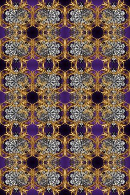 Kına dövmeli süs çiçekleri, altın çıkartmalar, mehndi ve yoga tasarımı, kartlar ve parmak izleri. Kahverengi, bej ve gri renklerde desen. Raster altın mehndi kusursuz desen.