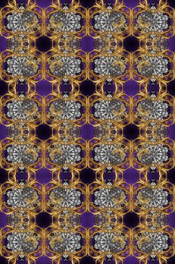 Kına dövmeli süs çiçekleri, altın çıkartmalar, mehndi ve yoga tasarımı, kartlar ve parmak izleri. Kahverengi, bej ve gri renklerde desen. Raster altın mehndi kusursuz desen.