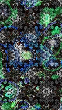 Çiçeksel çizim kalıbının yansıması. Vadinin gri ve siyah renkli çiçekleri.