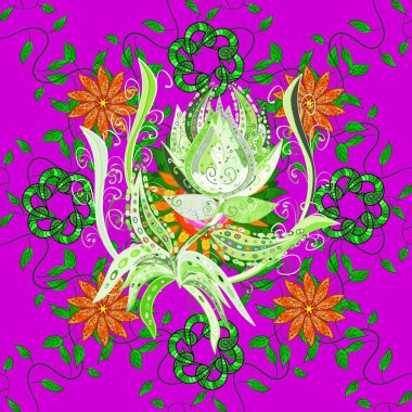 Kusursuz Renksiz Bahar Temalı Kusursuz Arkaplan. Sevimli çiçek deseni. Düz Çiçek Elementleri Tasarımı. Mor ve yeşil renkte çiçekler.