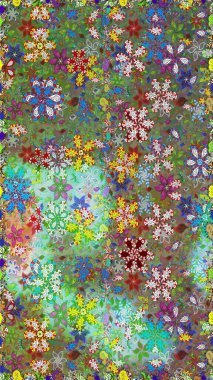 Yeşil ve kahverengi renkli çiçekler. Kumaş desenli papatya çiçekleri ayrıntıları.