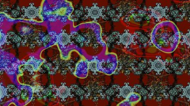 Raster deseni. Patlayan çiçekler soyut olarak yerleştirilmiş. Raster illüstrasyonu. Kibar, bahar çiçekleri kırmızı ve kahverengi renklerde.