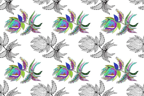 Tekstil için dikişsiz suluboya desen. Sevimli çiçeklerle, desenli, kırmızı, beyaz ve gri renklerle renksiz desenli. El çizimi çiçek pürüzsüz desen (taş)).