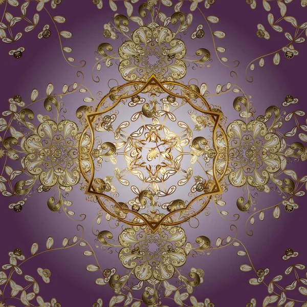 Noel, kar tanesi, yeni yıl 2019. Tarafsız ve mor renklerde altın elementlerle kusursuz klasik desen.