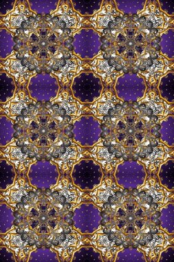 Kahverengi, gri ve mor renklerde altın elementlerle kusursuz desen. Kusursuz klasik raster altın desenli. Raster illüstrasyonu. Klasik klasik klasik arka plan. Geleneksel oryantasyon süsü.