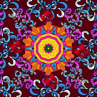 Renkli Yaz Temalı Kusursuz Arkaplan. Düz Çiçek Elementleri Tasarımı. Çiçekli kusursuz retro desen. Kırmızı ve siyah renkte çiçekler.