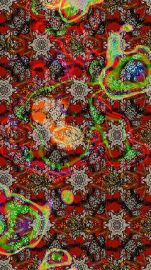 Çiçeksel çizim kalıbının yansıması. Vadinin çiçekleri kahverengi ve kırmızı renklerde.