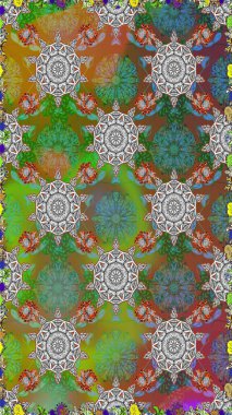 Çiçek ve yapraklı karalama şeklinde Raster çiçek deseni. Raster illüstrasyonu. Yeşil ve kahverengi renklerde bahar çiçekleri..