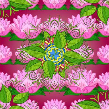 Dekoratif botanik tasarımı tekstil, duvar kağıtları ve ambalaj kağıtları için idealdir. Pembe nilüferli ve yeşil yapraklı pürüzsüz raster çiçekleri koyu arkaplanda simetrik olarak sıralanmış..